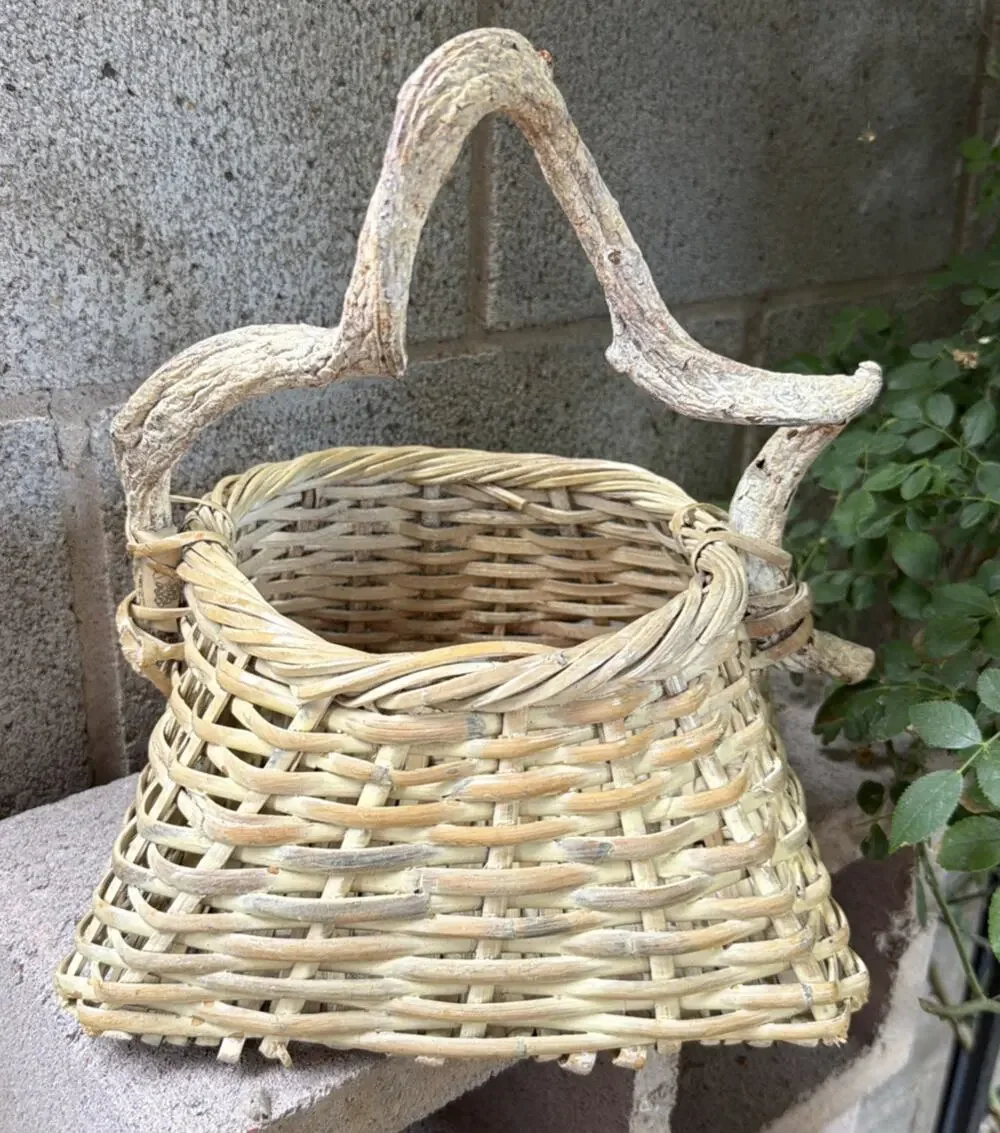 Vintage Basket With Natural Woven Vine Handle Unique Primitive Decor Signed
